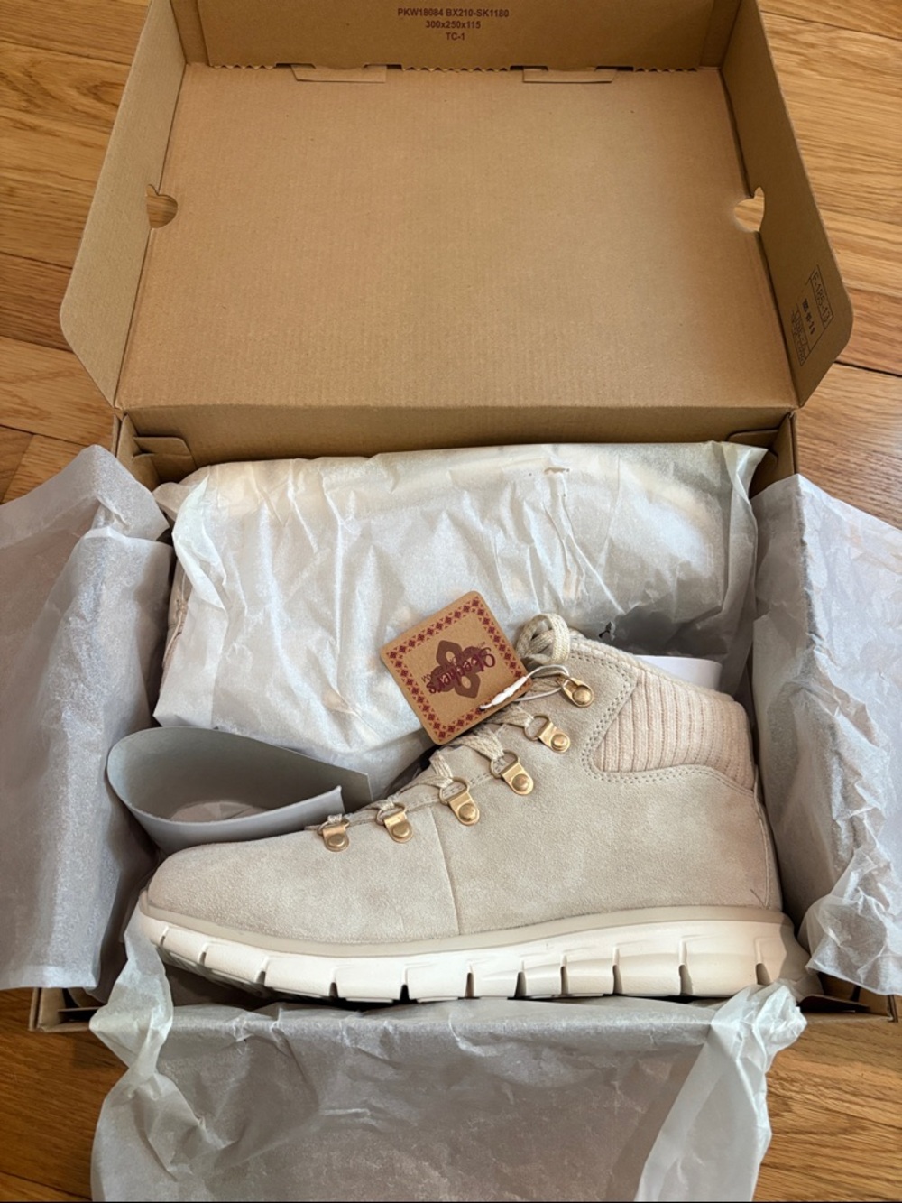 Skechers Cream Suede Lace-Up Ankle Sneakers with Gold Hardware